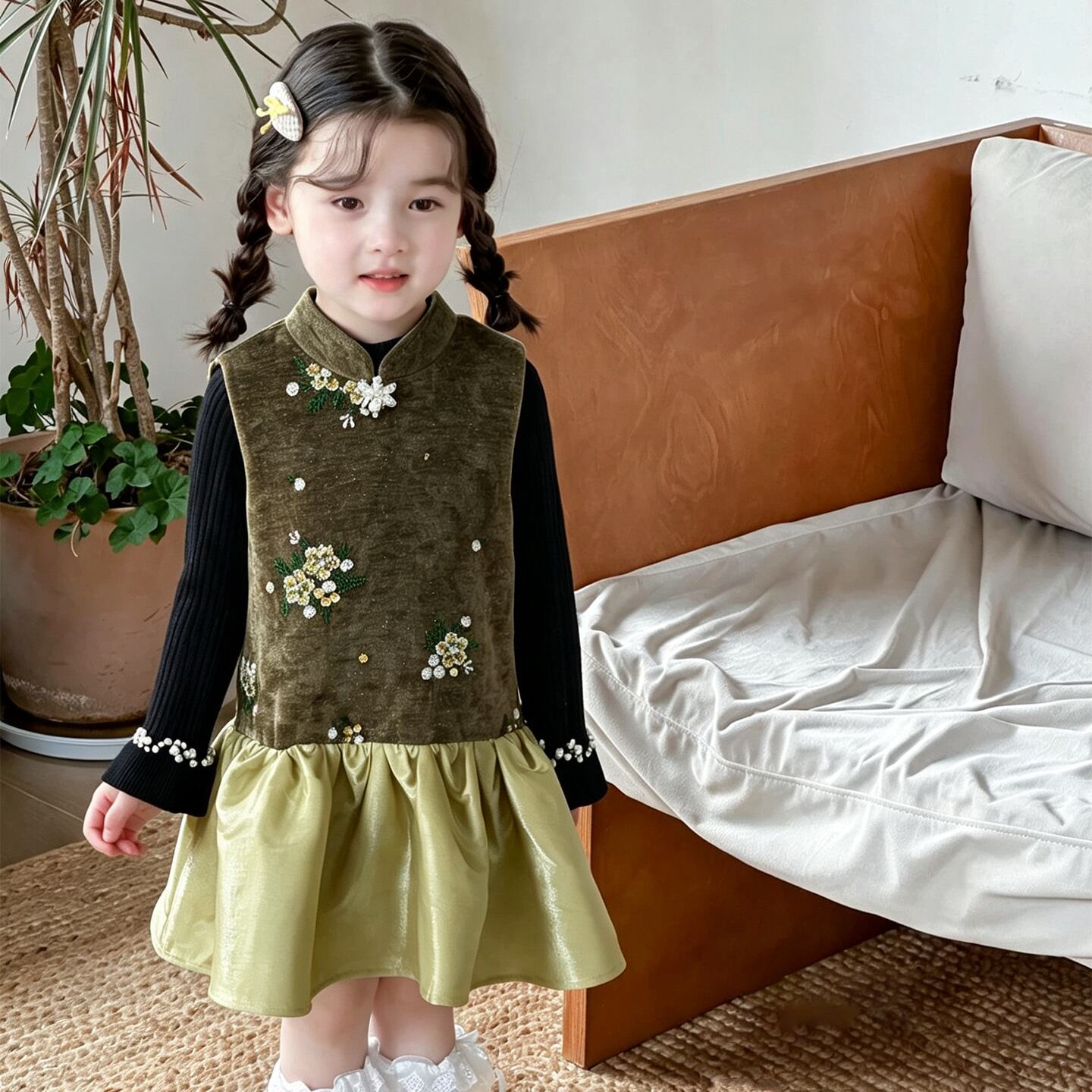 女童新中式连衣裙秋冬2026新款儿童国风绣花裙子小女孩复古旗袍裙