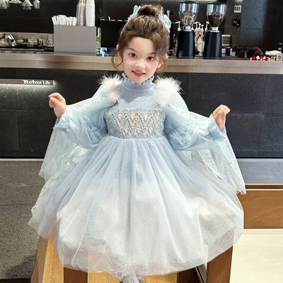 艾莎公主裙冬装女童爱莎连衣裙冰雪奇缘女孩秋冬裙子儿童生日礼服