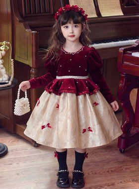 女童公主裙冬装2026新款儿童法式丝绒裙小女孩新年红色加绒连衣裙