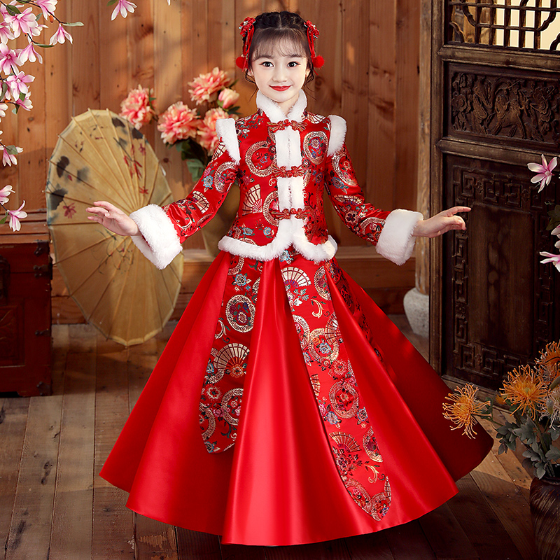 女童汉服2026新款新年装红色秋冬装儿童装公主裙子加绒拜年连衣裙