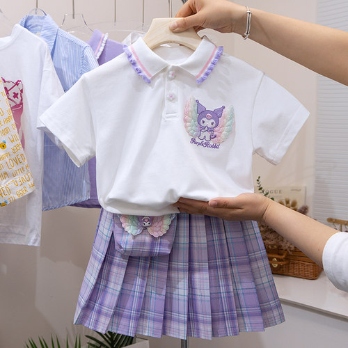 库洛米衣服女童百褶裙夏季2026新款儿童女孩洋气jk学院风套装裙子