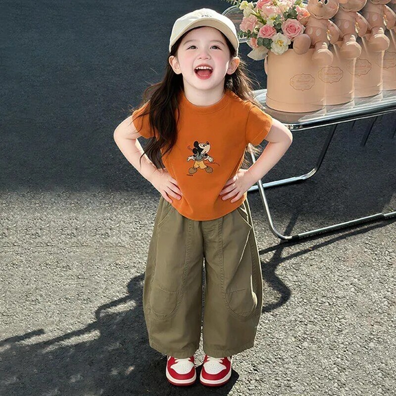 2026儿童春夏新款套装小橘卡通女童夏装短袖T百搭定线复古工装裤