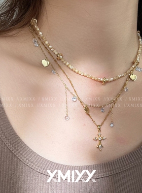 vintage十字架米珠叠戴项链女