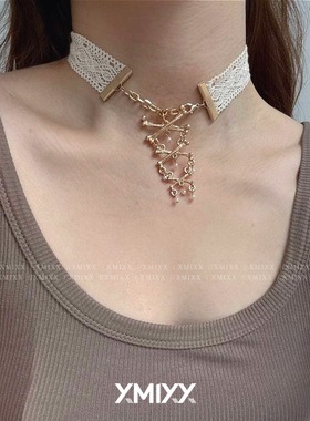 欧美小众蝶骨珍珠蕾丝choker项链