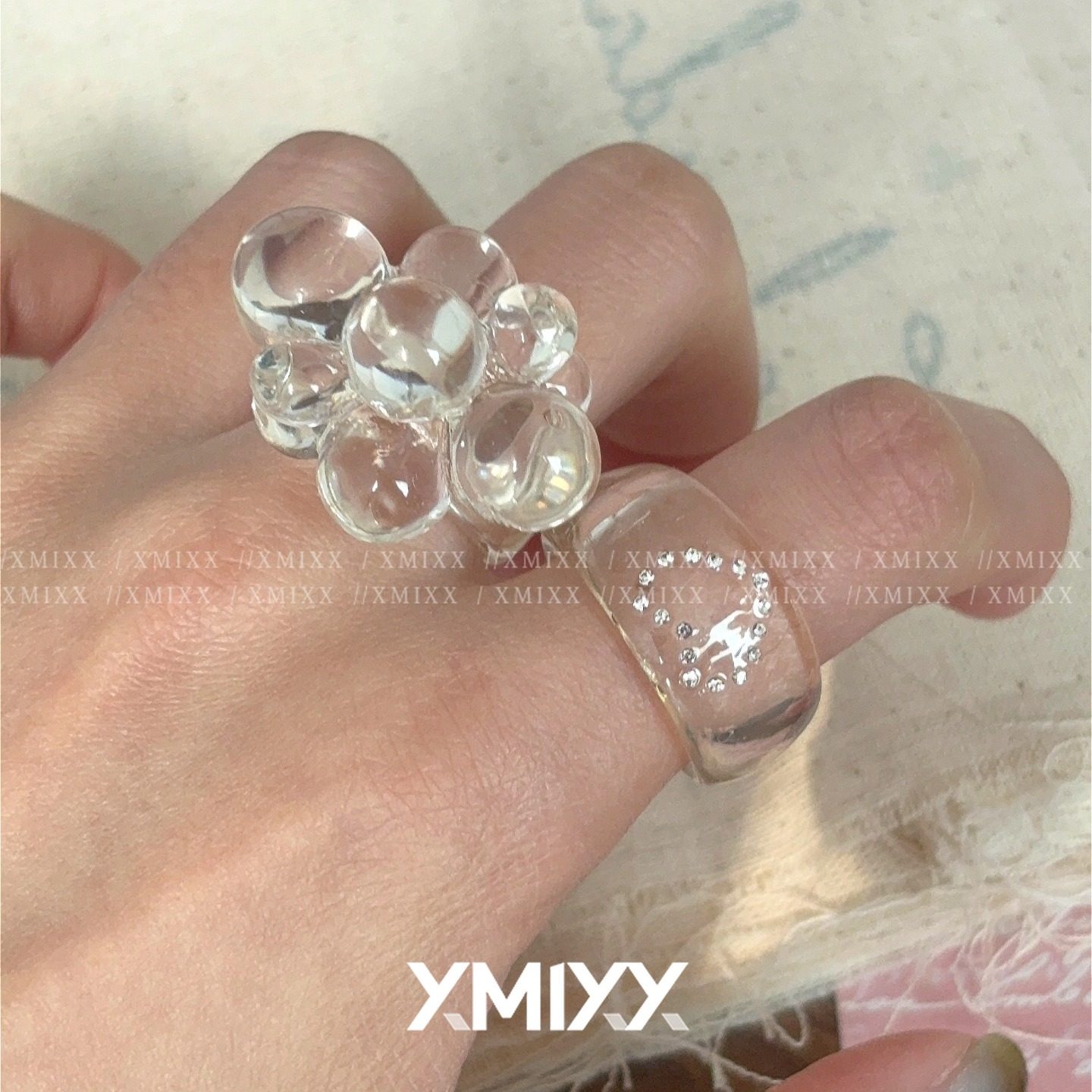 韩国博主同款ins爱心小钻亚克力珠珠立体戒指女小众设计高级叠戴