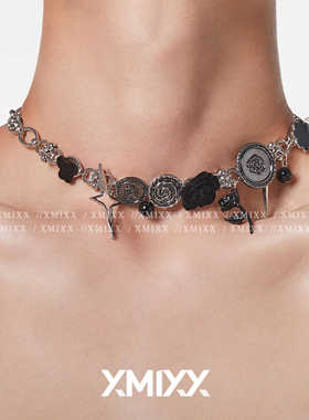 XMIXX朋克荆棘玫瑰绒花锁骨链