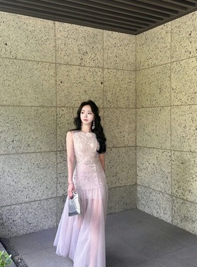 ICELOLLY缪斯女神透纱紫色无袖背心连衣裙女春夏度假风长裙子