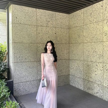 ICELOLLY缪斯女神透纱紫色无袖背心连衣裙女春夏度假风长裙子