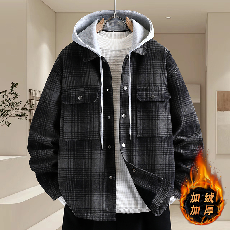 可脱卸帽加绒加厚夹克男秋冬季2025新款日系复古潮牌牛仔外套棉衣