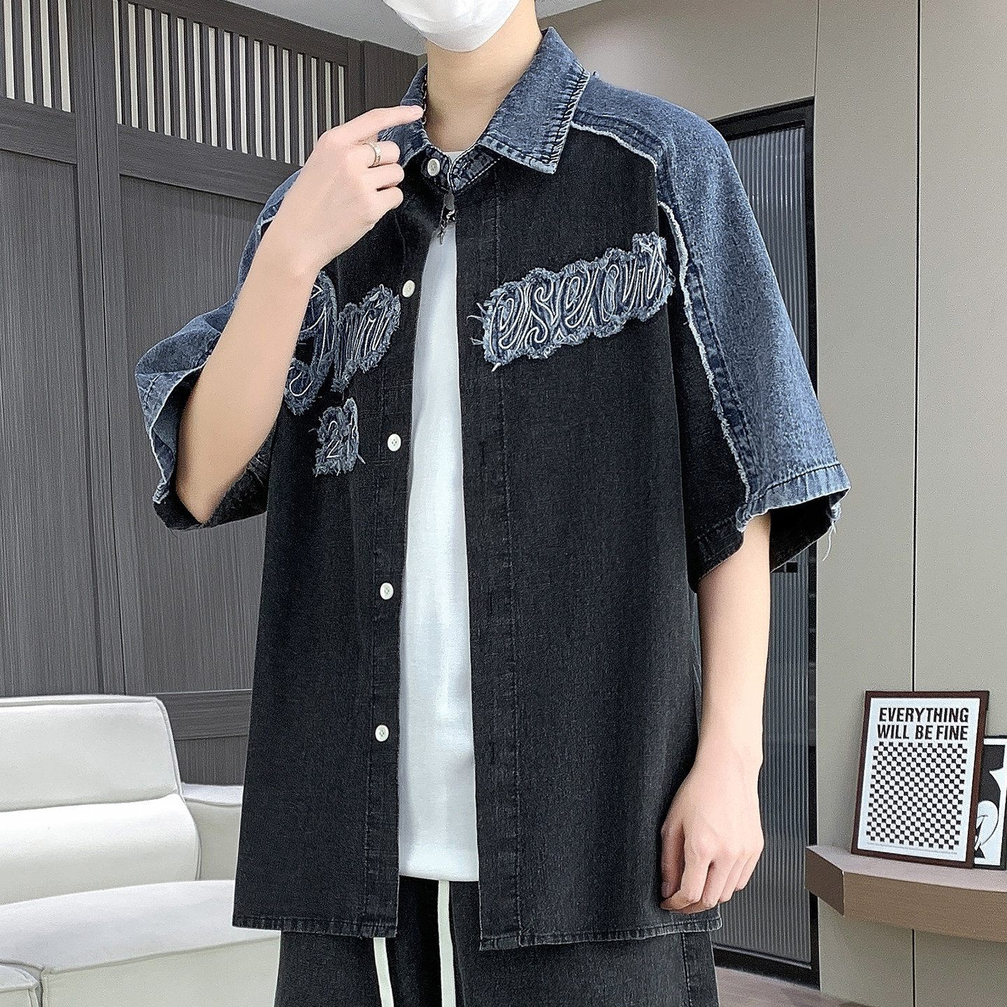 高级感刺绣牛仔衣服男青少年宽松短袖衬衫夏季初高中学生半袖外套