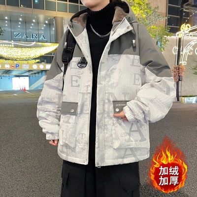 冬季加绒加厚工装外套男青少年2025新款爆款宽松休闲连帽夹克棉衣