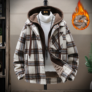 青少年男装冬装外套2025新款初中高中学生加绒加厚假两件格子棉衣