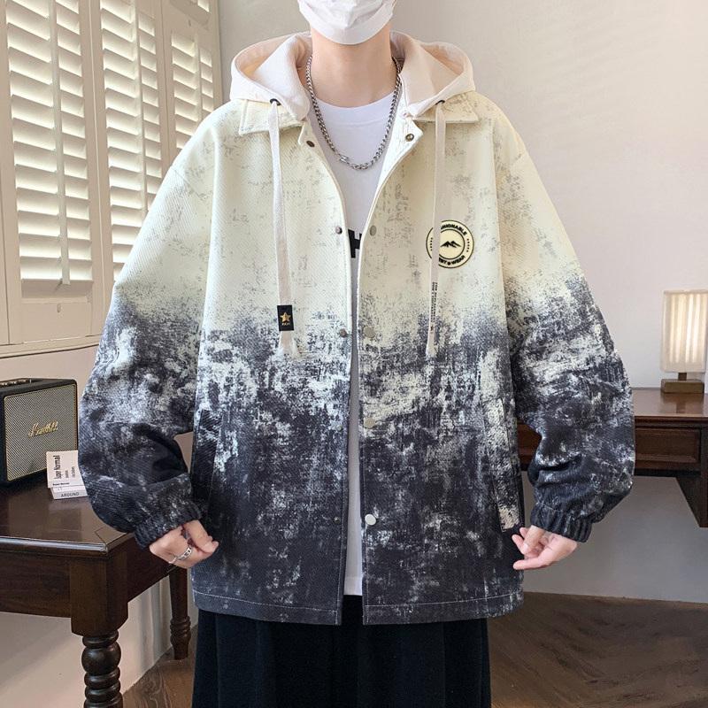 时尚渐变色外套男春秋季2025新款初高中学生夹克潮牌宽松开衫上衣