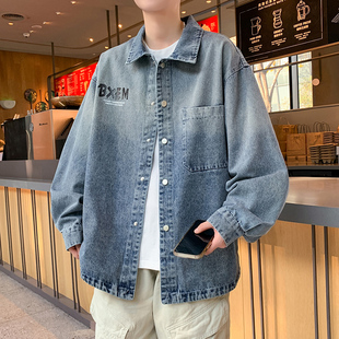 青少年牛仔衣夹克男春季复古做旧潮牌翻领外套高级感痞帅外穿衬衫