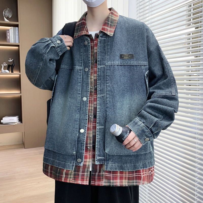 假两件牛仔外套男春秋季美式高街宽松休闲夹克帅气青少年学生外衣