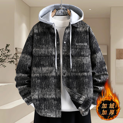 高级感加绒加厚牛仔外套男秋冬季宽松休闲连帽夹克青少年保暖褂子