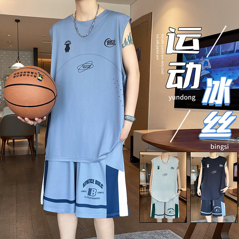 夏季休闲运动套装男孩青少年潮牌无袖背心薄款速干初高中学生球衣