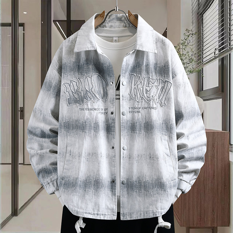 扎染刺绣牛仔外套男春秋季初高中学生长袖衬衫美式复古青少年夹克