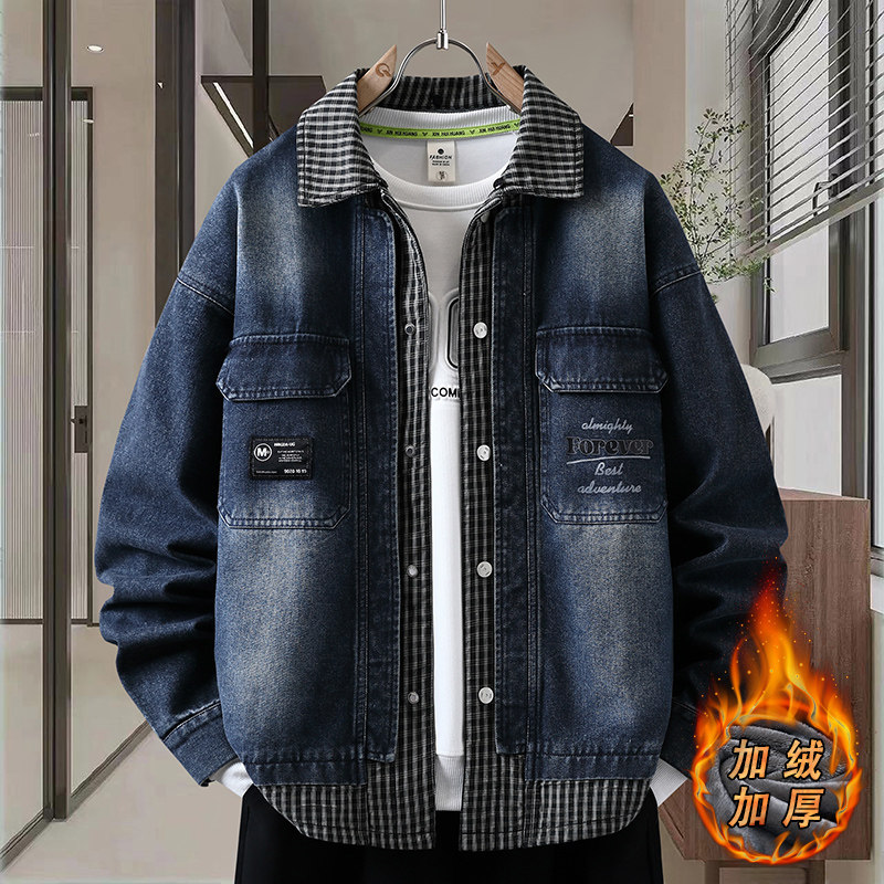 加绒加厚假两件牛仔外套男秋冬季韩版潮流翻领夹克帅气青少年褂子