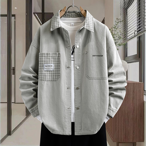 春秋字母刺绣牛仔衣服男长袖衬衫秋季高级感痞帅轻奢潮牌夹克外套