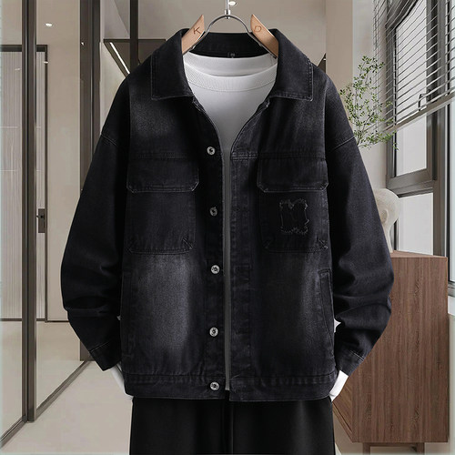 休闲翻领夹克男春秋宽松潮流美式水洗牛仔外套男工装复古痞帅衬衣