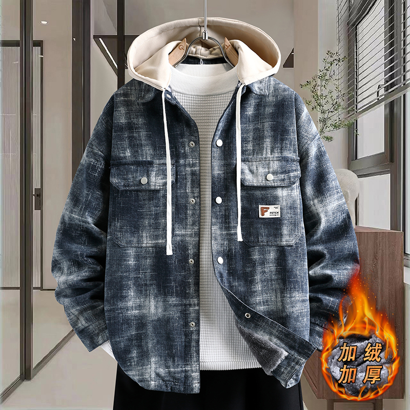 港风牛仔外套男青少年秋冬季加绒加厚格子夹克2025新款初中生棉衣