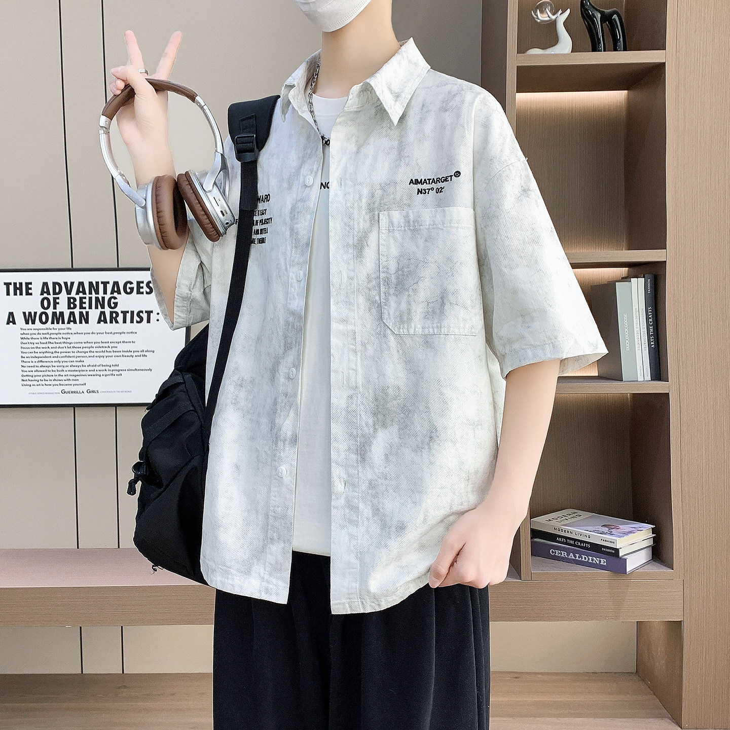 2026超火新款纯棉衬衫男夏季高中学生潮流刺绣衬衣青少年短袖外套