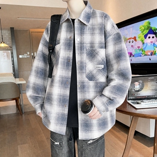 高级感格子长袖衬衫男款青少年春秋季外套初高中学生翻领牛仔夹克