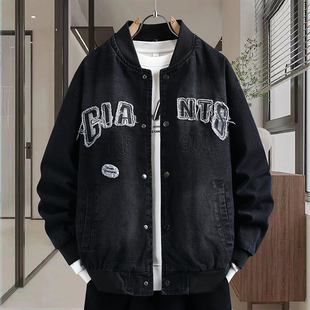字母刺绣牛仔外套男青少年春季美式高街夹克酷帅男孩初中生棒球服