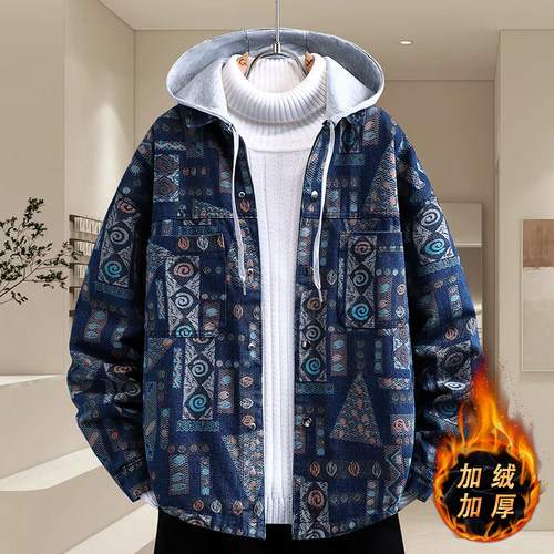 民族风牛仔外套男秋冬季2025新款加绒加厚夹克青少年学生牛仔棉衣