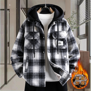 秋冬季加绒加厚格子外套男初高中生潮流假两件酷帅青少年大童夹克