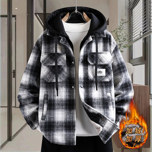 秋冬季加绒加厚格子外套男初高中生潮流假两件酷帅青少年大童夹克