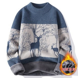 青少年毛衣男秋冬季加绒加厚内搭打底衫潮牌初中高中学生保暖上衣