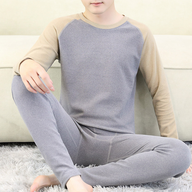 拼接撞色保暖内衣男冬季加绒加厚秋衣秋裤套装初中学生大童打底衫