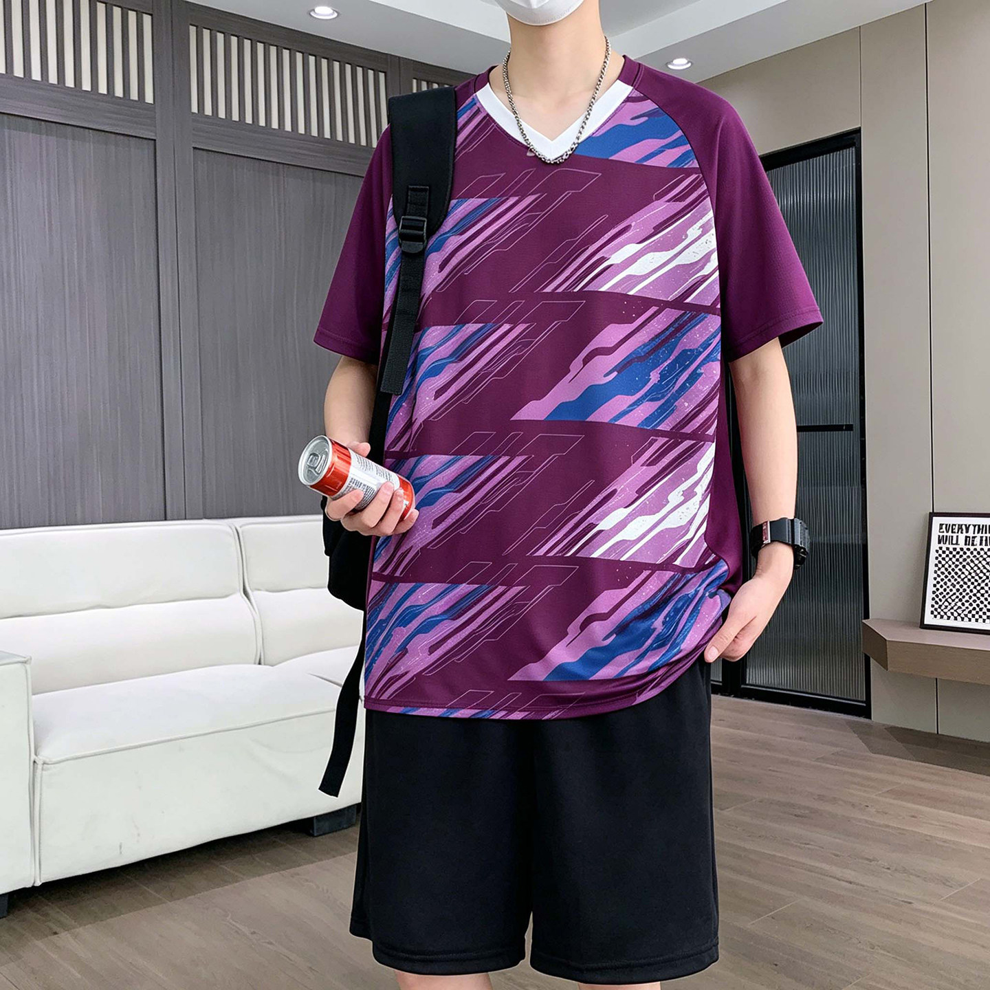 V领短袖t恤男夏季冰丝套装2026新款初高中学生跑步运动短裤篮球服