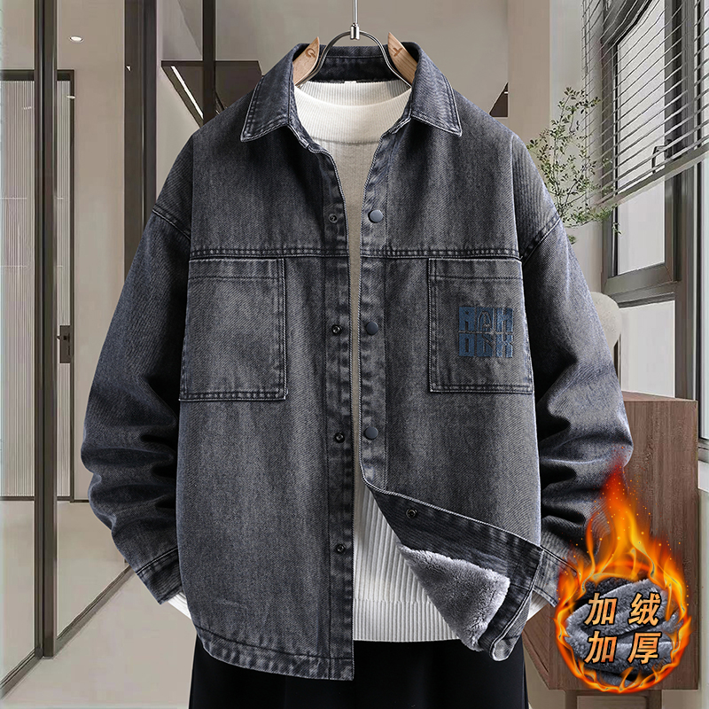 加绒牛仔外套男青少年秋冬季加厚保暖褂子酷帅男孩初高中学生夹克