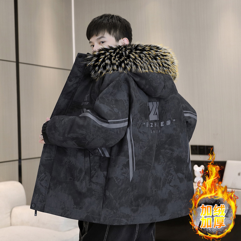 中长款连帽棉衣派克服男青少年冬季加绒加厚外套初中高中学生棉服