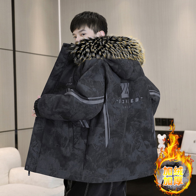 中长款连帽棉衣派克服男青少年冬季加绒加厚外套初中高中学生棉服