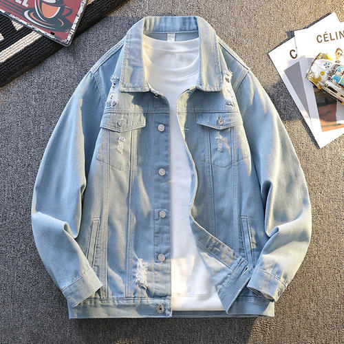 春季水洗破洞牛仔夹克男生2025年新款美式高街初高中学生痞帅外套