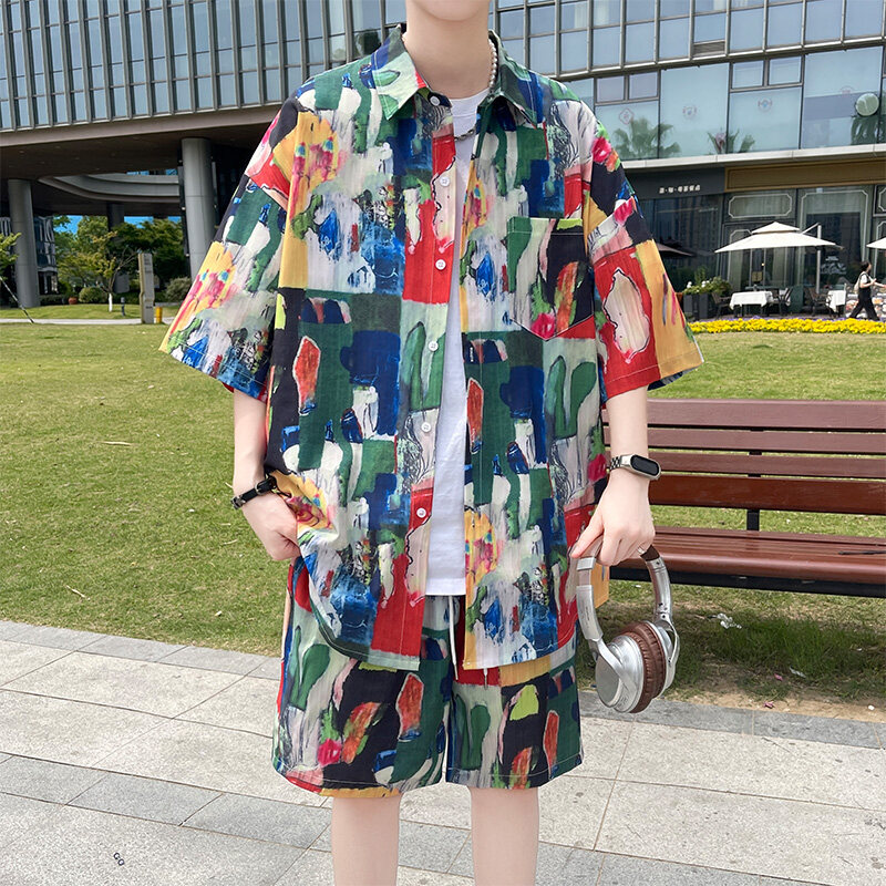青少年冰丝花衬衫男沙滩套装夏季海边三亚旅行穿搭短袖短裤两件套图片