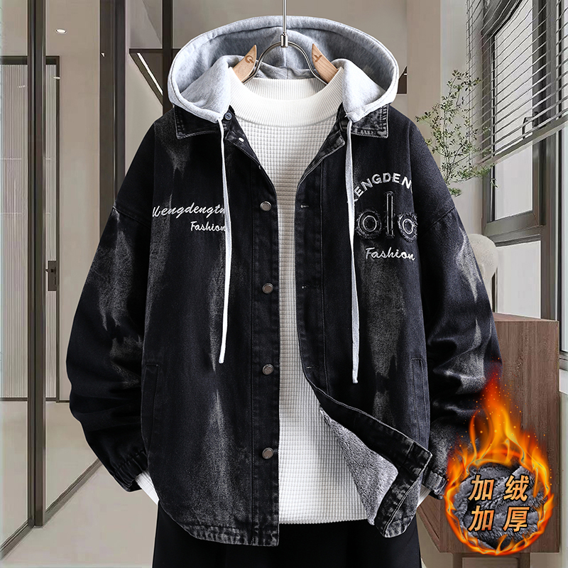 扎染水洗牛仔夹克男士冬季加绒加厚牛仔外套男青少年潮牌宽松棉服