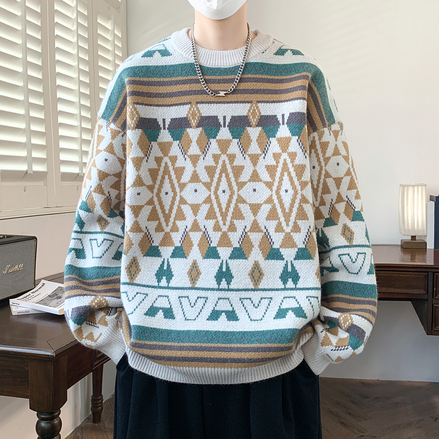 民族风提花毛衣男初高中学生圆领针织衫秋冬季加厚保暖内搭毛线衣