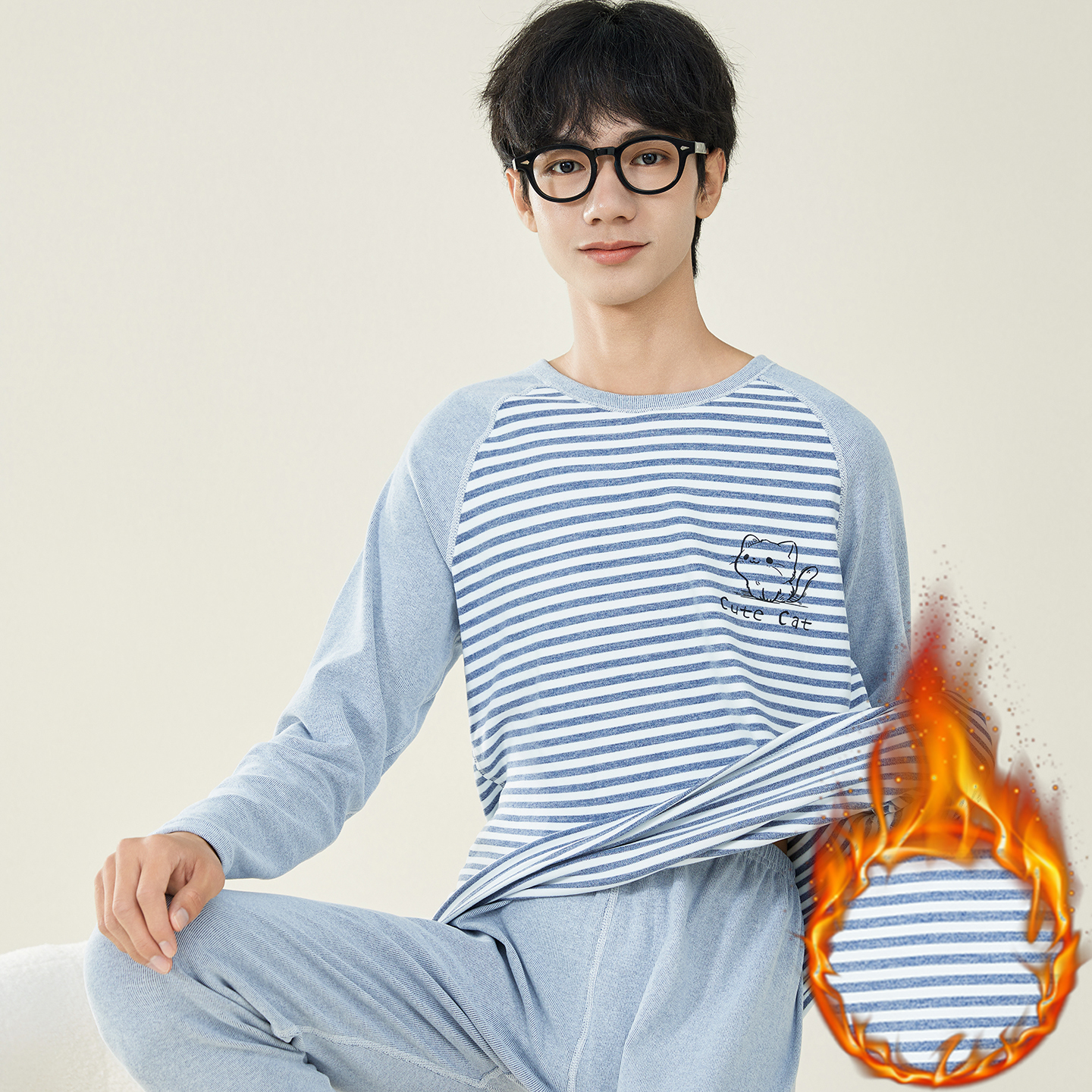 德绒保暖内衣套装男秋冬季条纹线衣线裤青少年学生中大童秋衣秋裤