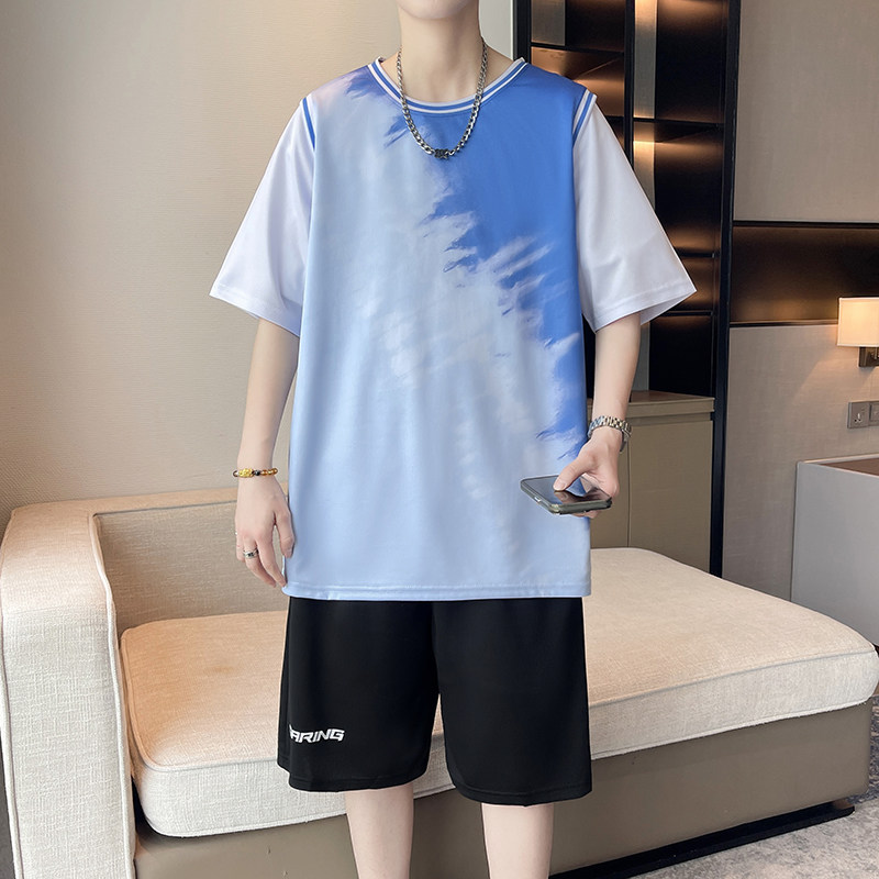 青少年大童运动套装男夏季初高中学生薄款速干冰丝短袖短裤篮球服