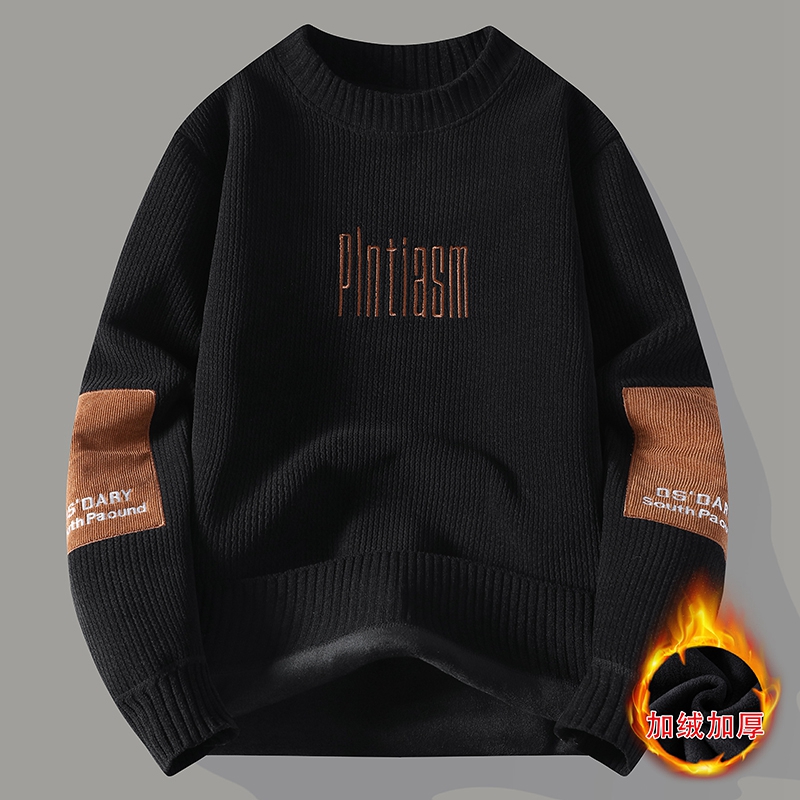 秋冬季加绒毛衣男士2025新款美式潮牌套头针织衫青少年学生毛线衣