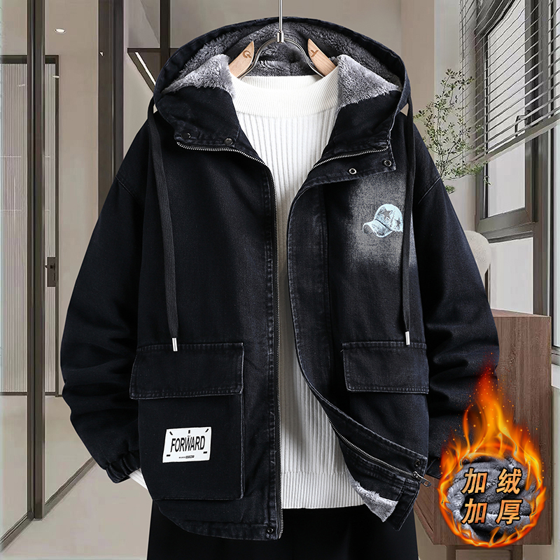 青少年秋冬季加绒加厚牛仔外套男初高中学生宽松休闲连帽夹克褂子