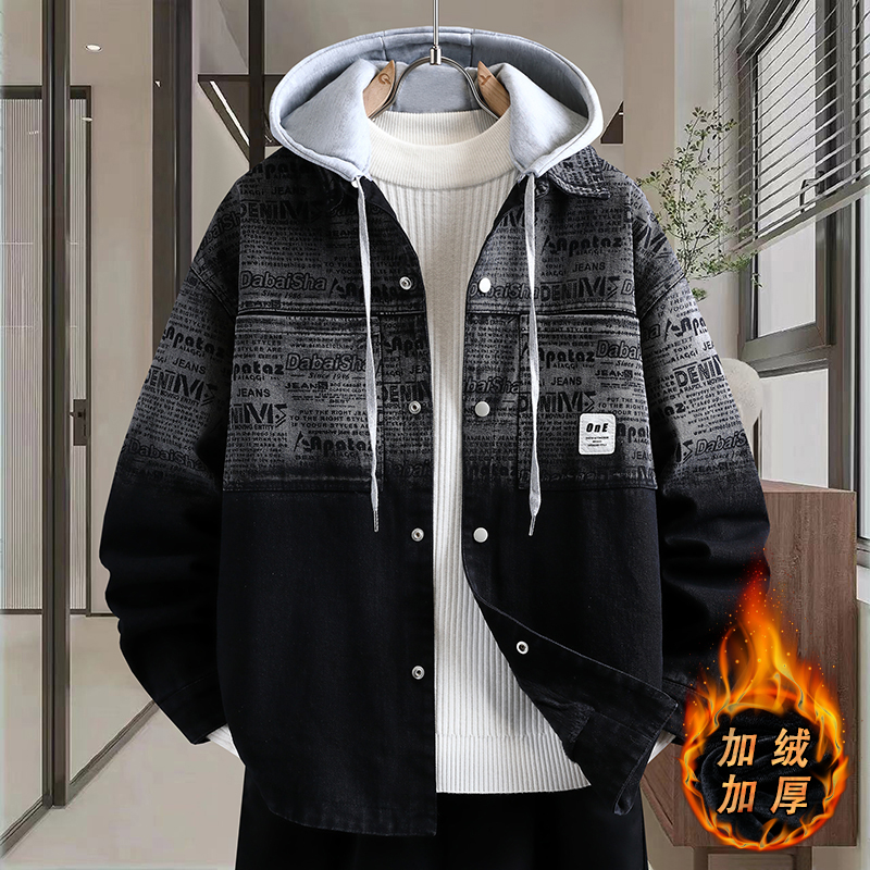 水洗牛仔夹克男秋冬季青少年加绒加厚外套酷帅男孩初高中学生棉衣