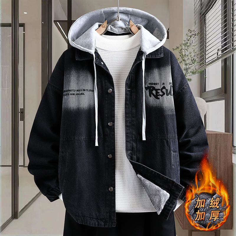 冬季加绒加厚牛仔外套男孩青少年美式休闲宽松棉衣初高中学生夹克