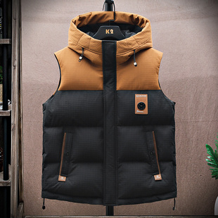 时尚 加厚保暖连帽羽绒棉坎肩背心外套 撞色棉衣马甲男孩青少年冬季