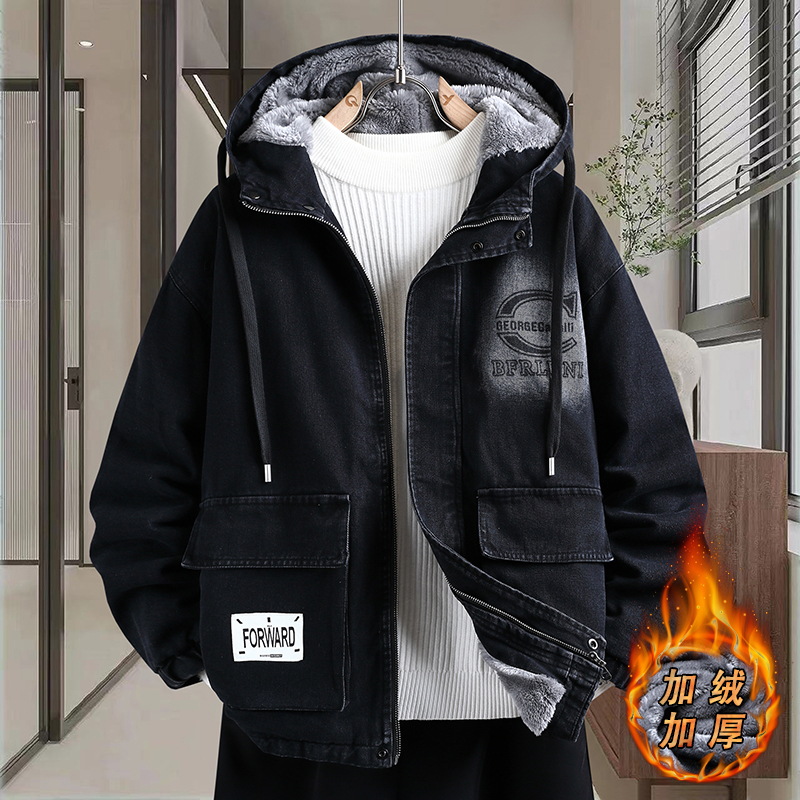 2025新款加绒加厚牛仔夹克男青少年冬季美式复古宽松休闲连帽外套